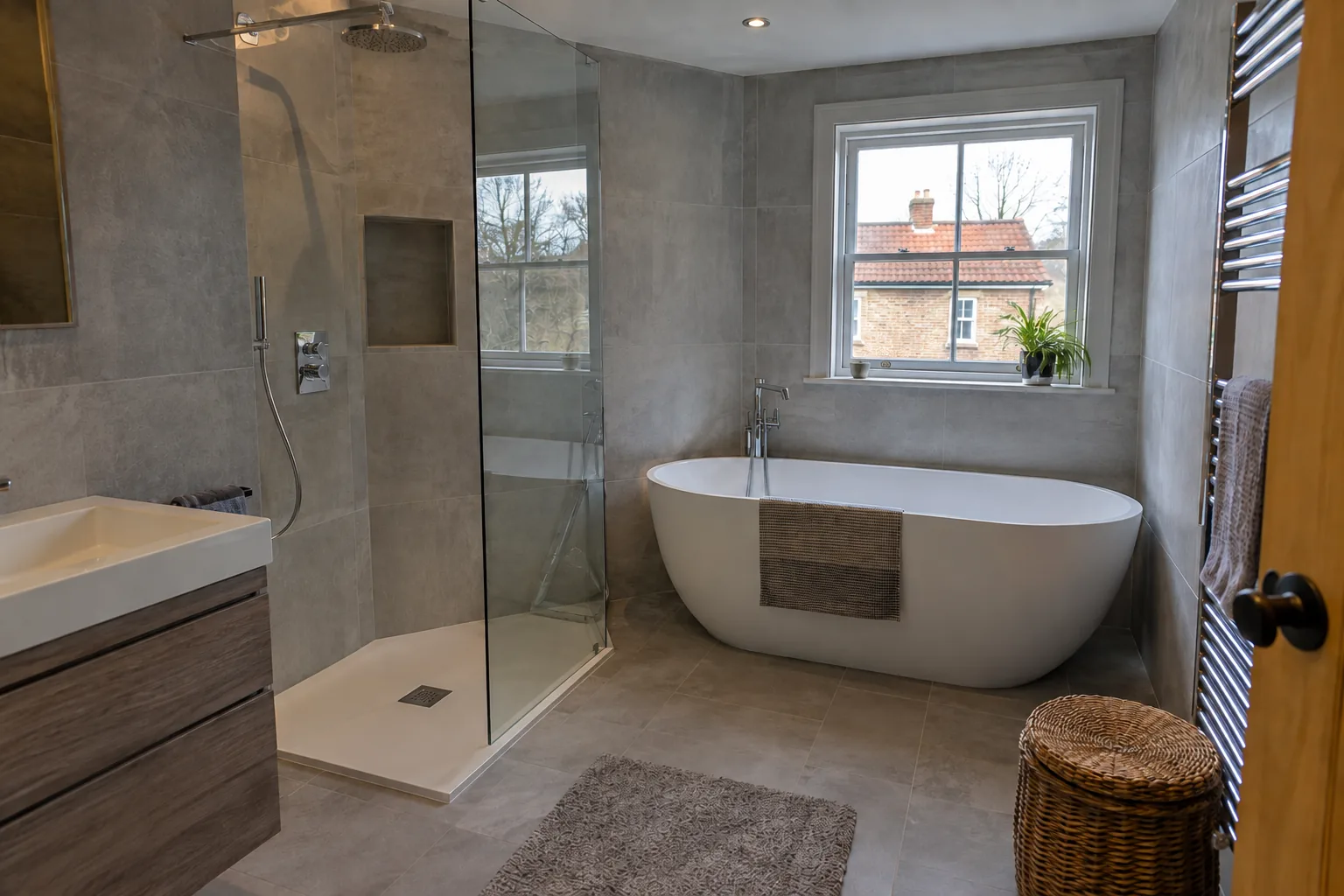 A tiled bathroom with a walk-in shower, glass screen and freestanding bath.
