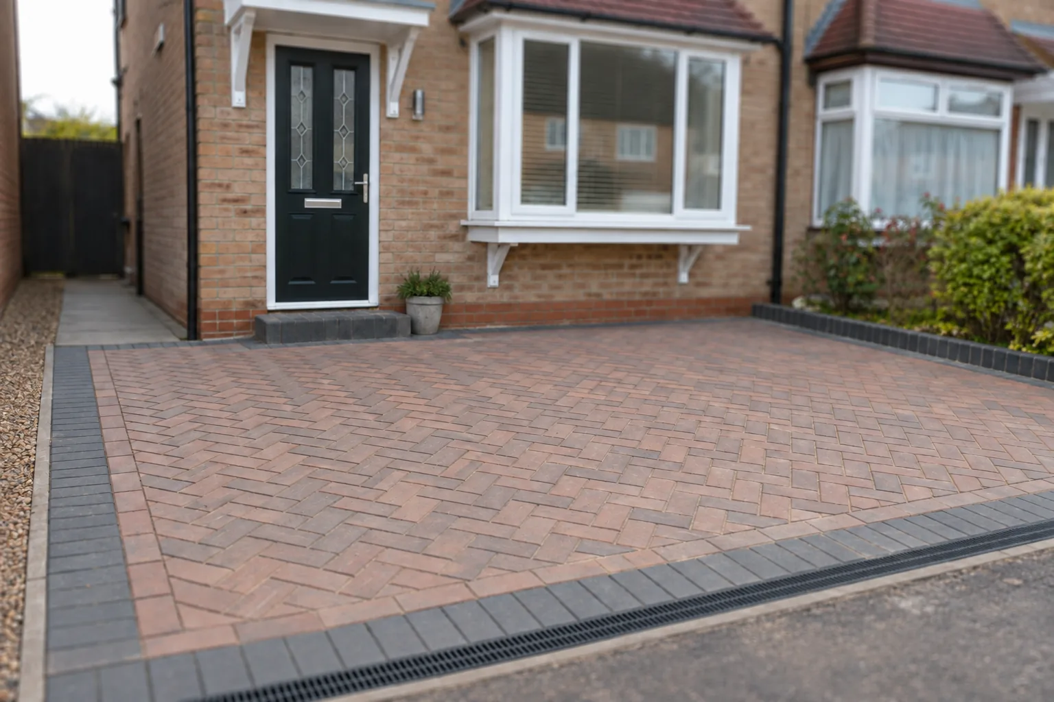 A herringbone block-paved driveway with a contrasting border outside a semi-detached house.