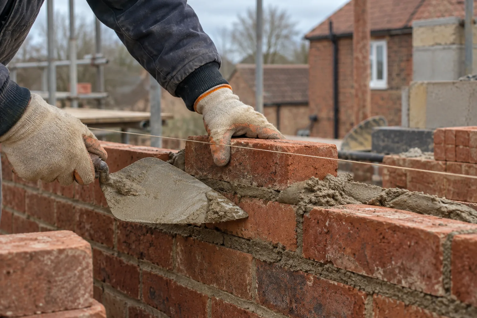 A bricklayer's gloved hands laying a red brick to a string line with fresh mortar.