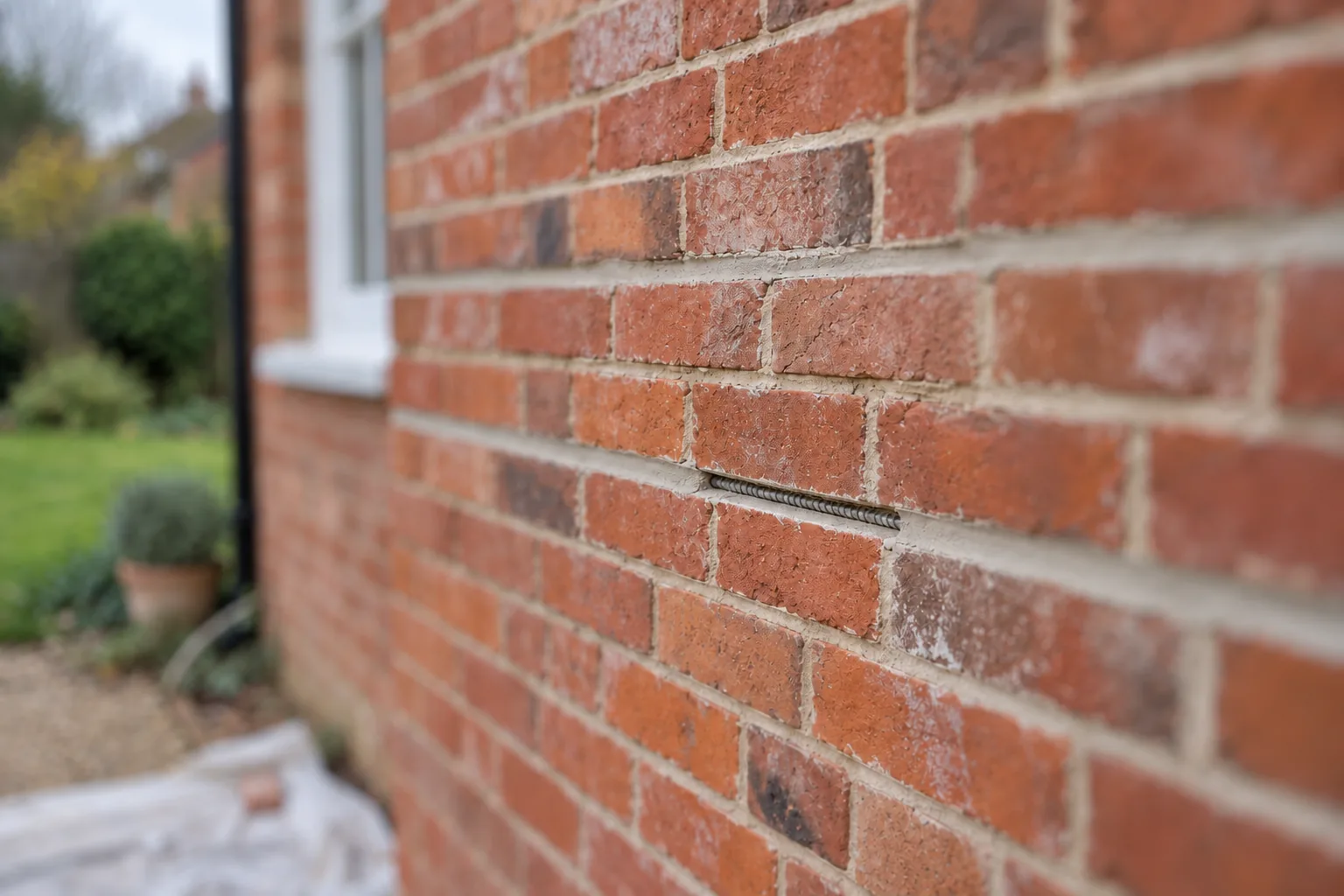 A brick wall with a stitched crack and freshly repaired mortar joints.