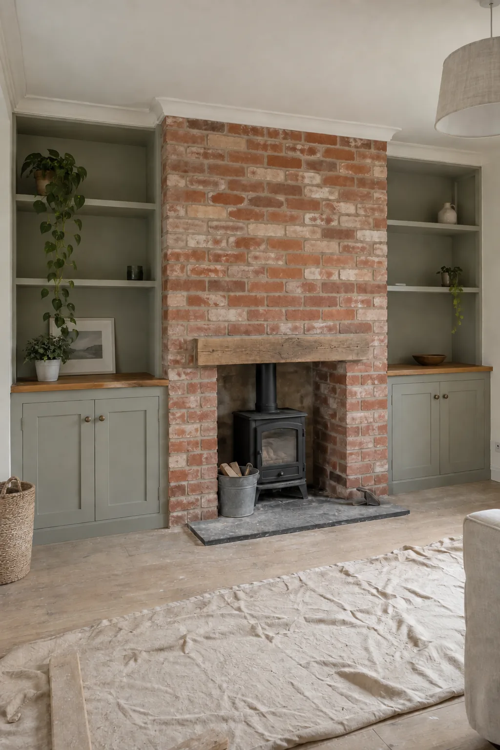 Painted alcove cupboards and shelves with oak worktops beside a chimney breast.