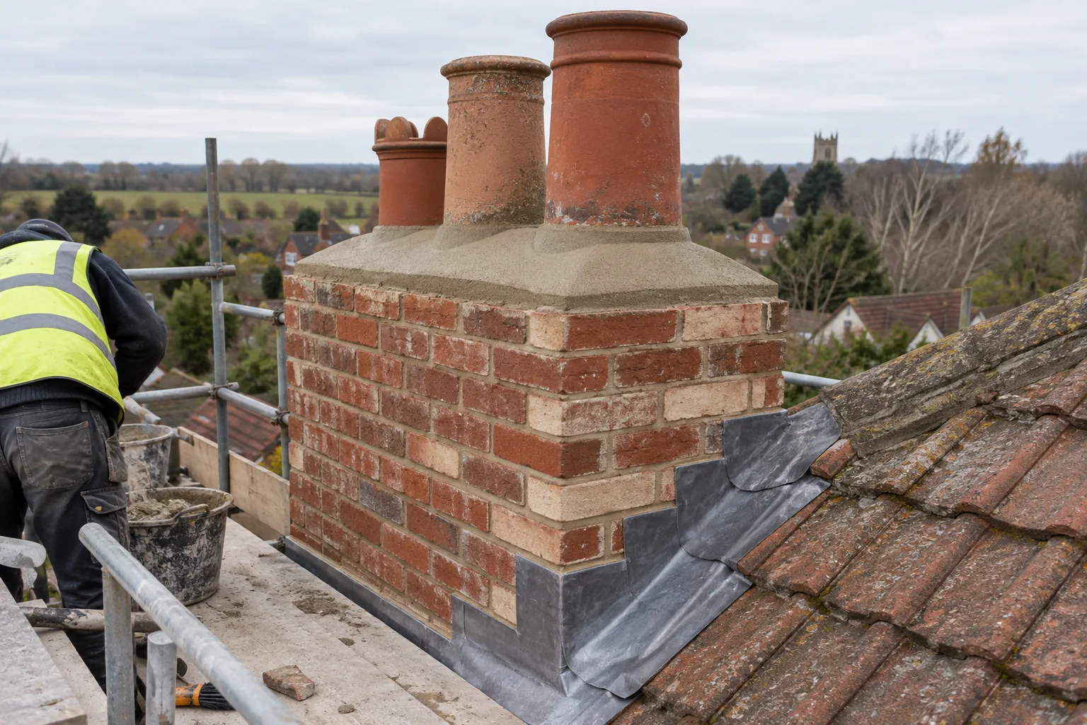 A repointed brick chimney with fresh flaunching and lead flashing.