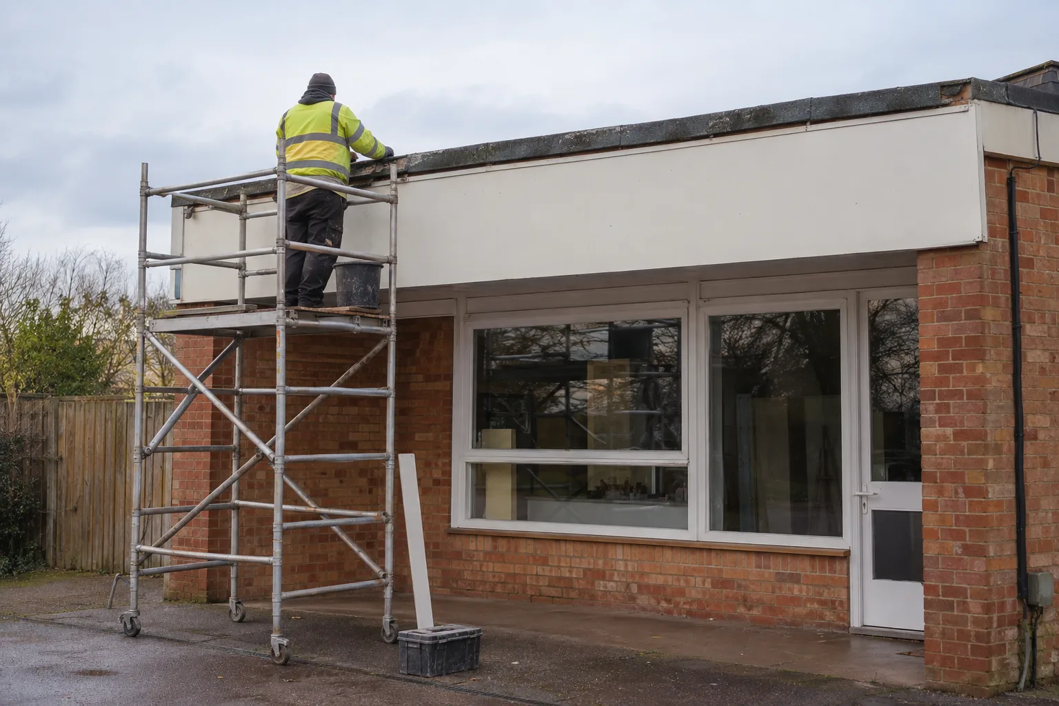 A worker repairing the roof edge of a small commercial unit from a scaffold tower.