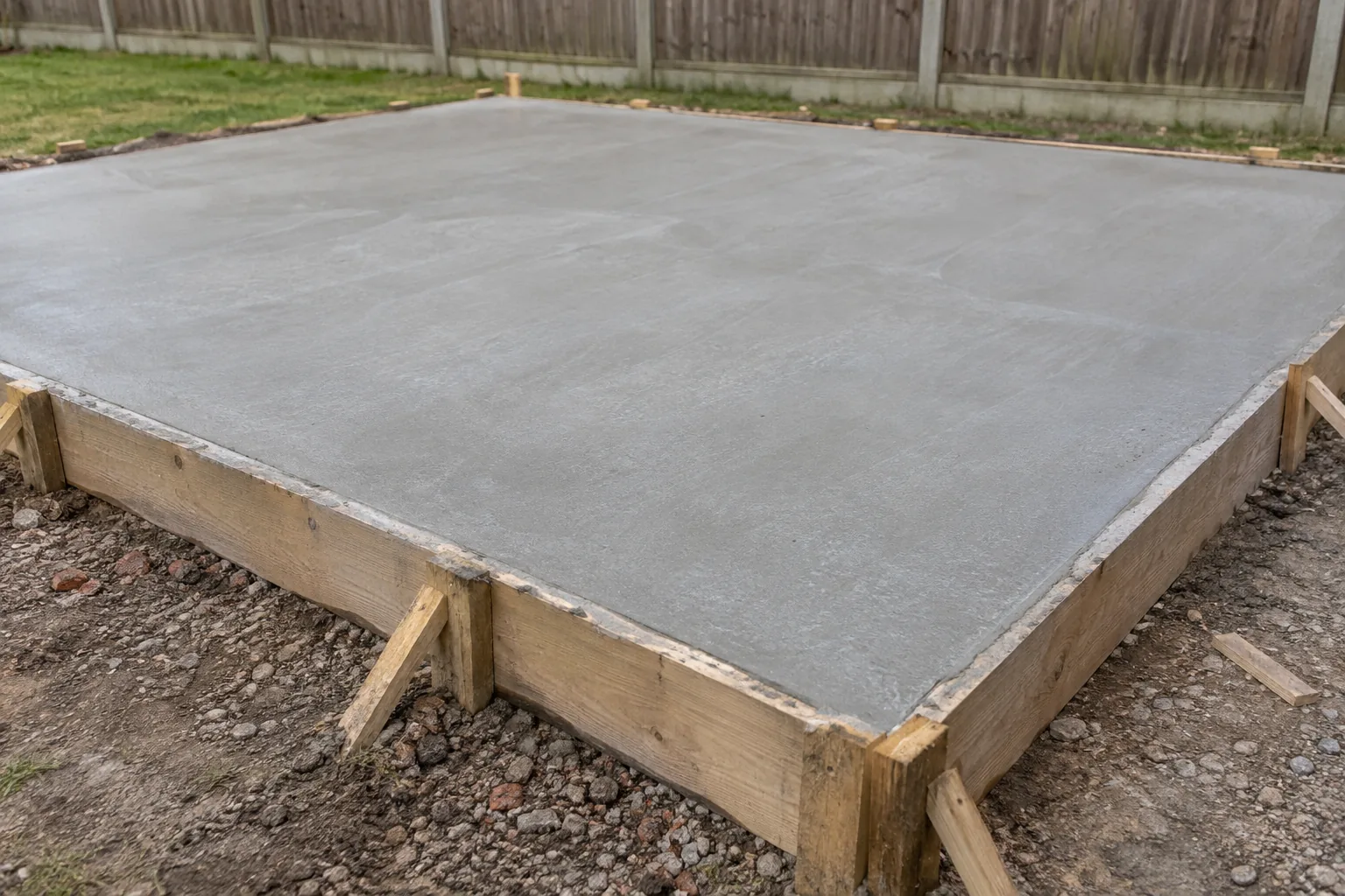 A freshly poured rectangular concrete base inside timber shuttering in a garden.