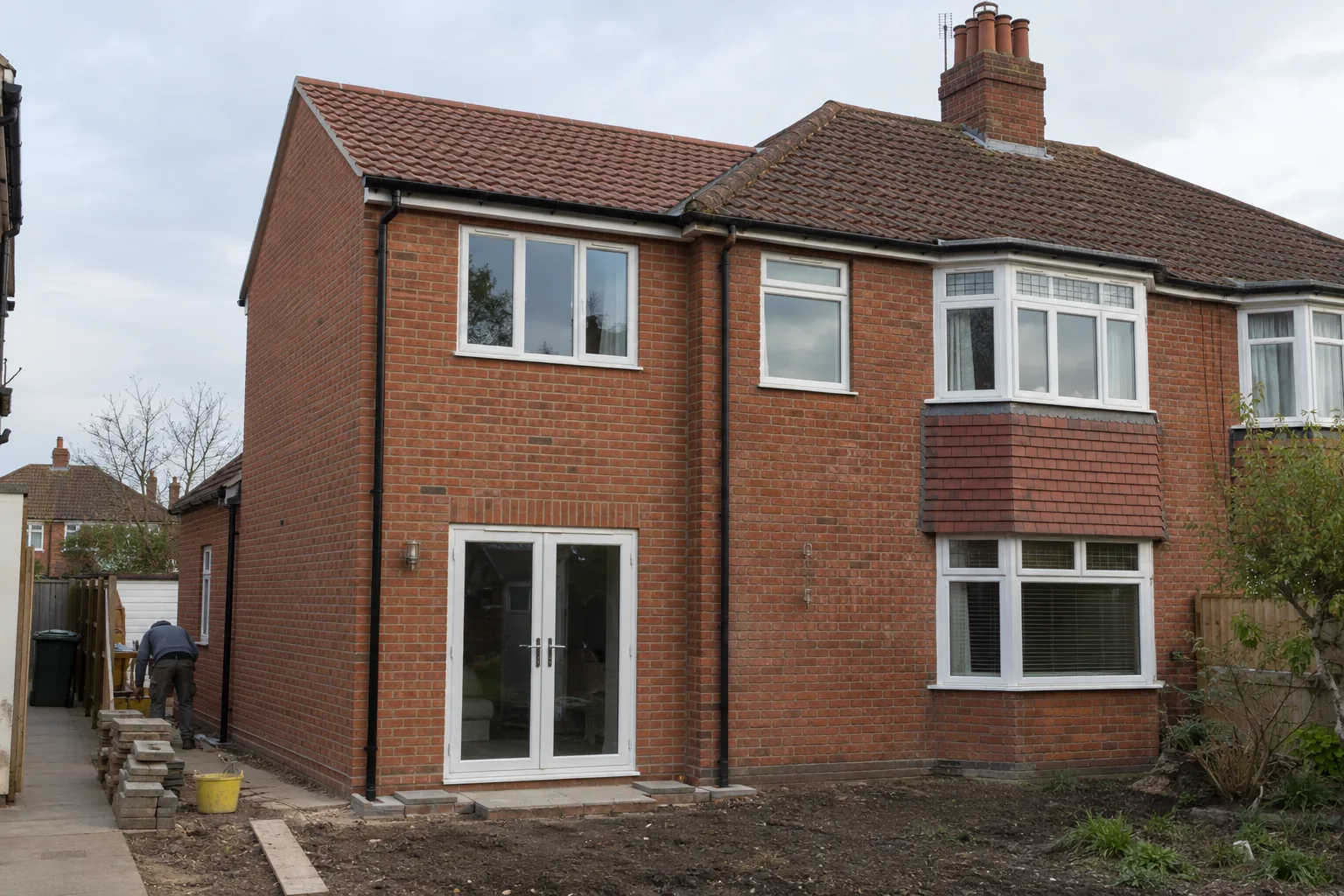 A two-storey brick side extension with matching roof tiles on a semi-detached house.