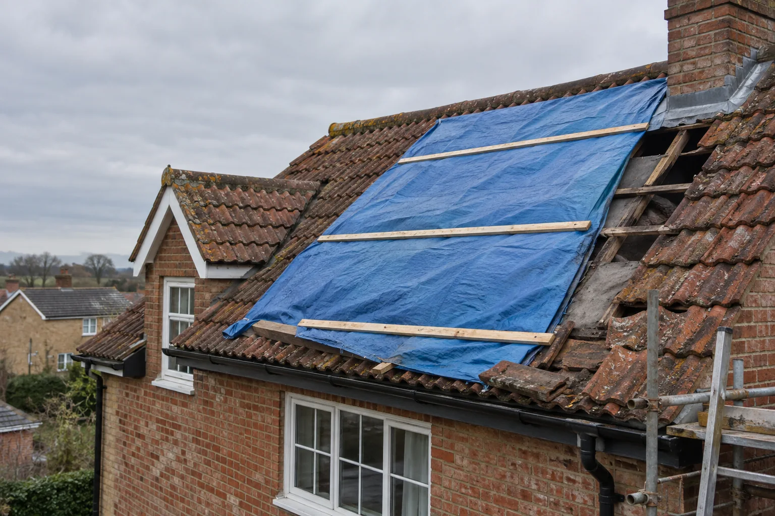 A storm-damaged tiled roof temporarily covered with a tarpaulin secured by timber battens.