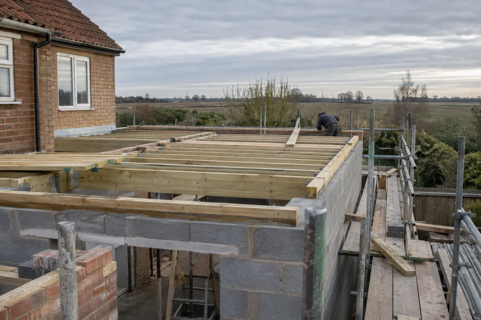 A rear extension under construction with blockwork walls, timber joists and scaffolding.