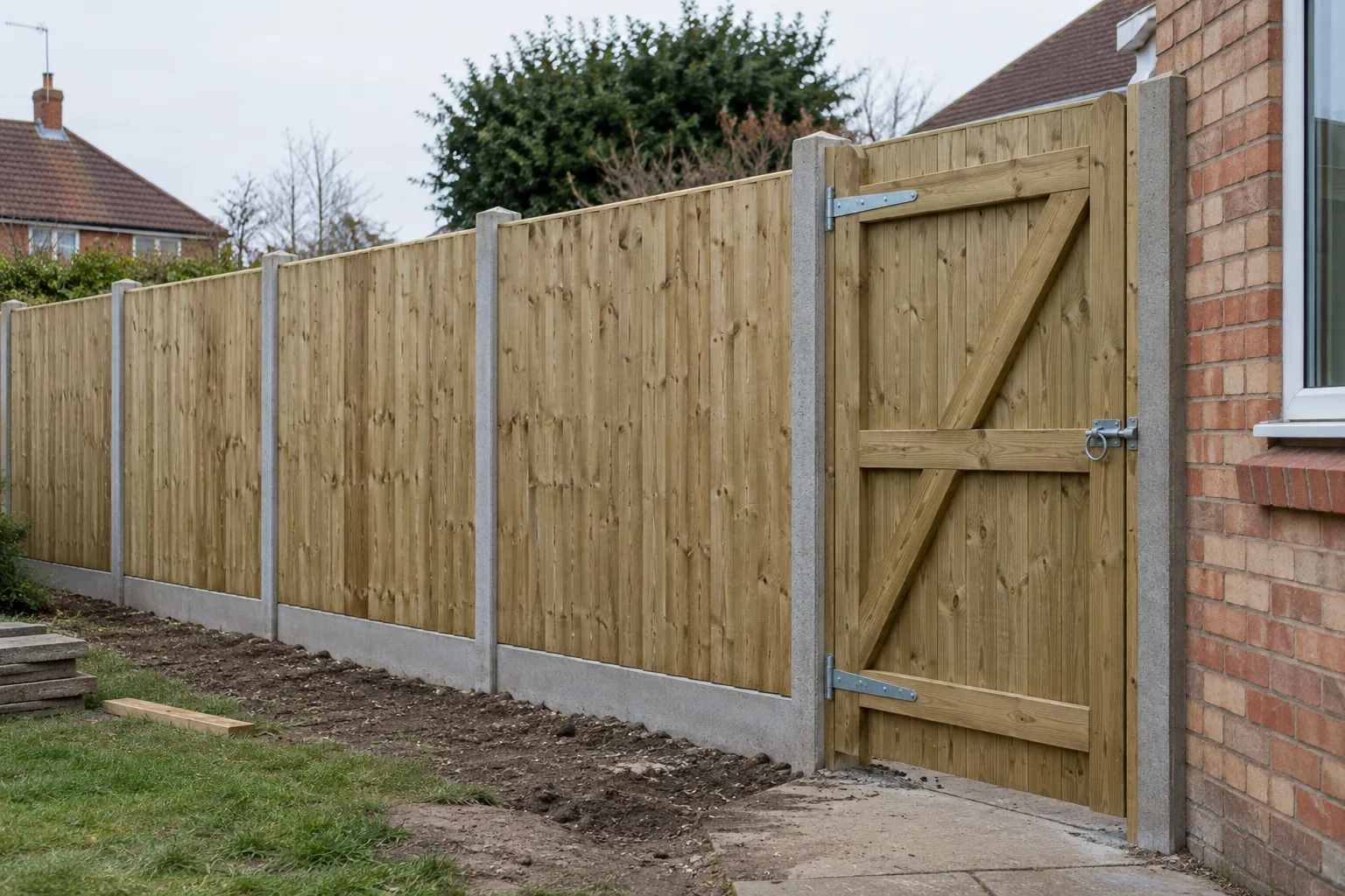 A closeboard timber fence with concrete posts and a matching side gate.