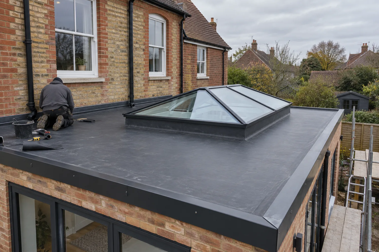 An EPDM flat roof with aluminium edge trims and a glazed roof lantern on a brick extension.