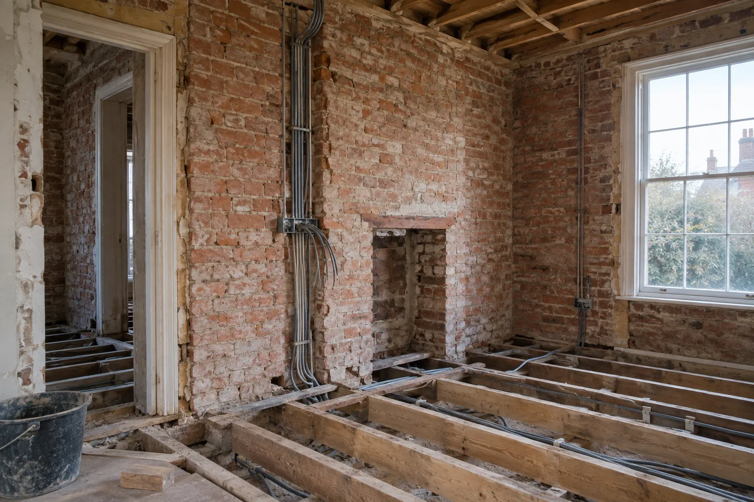 A period room stripped back to brick during renovation, with first-fix wiring and lifted floorboards.