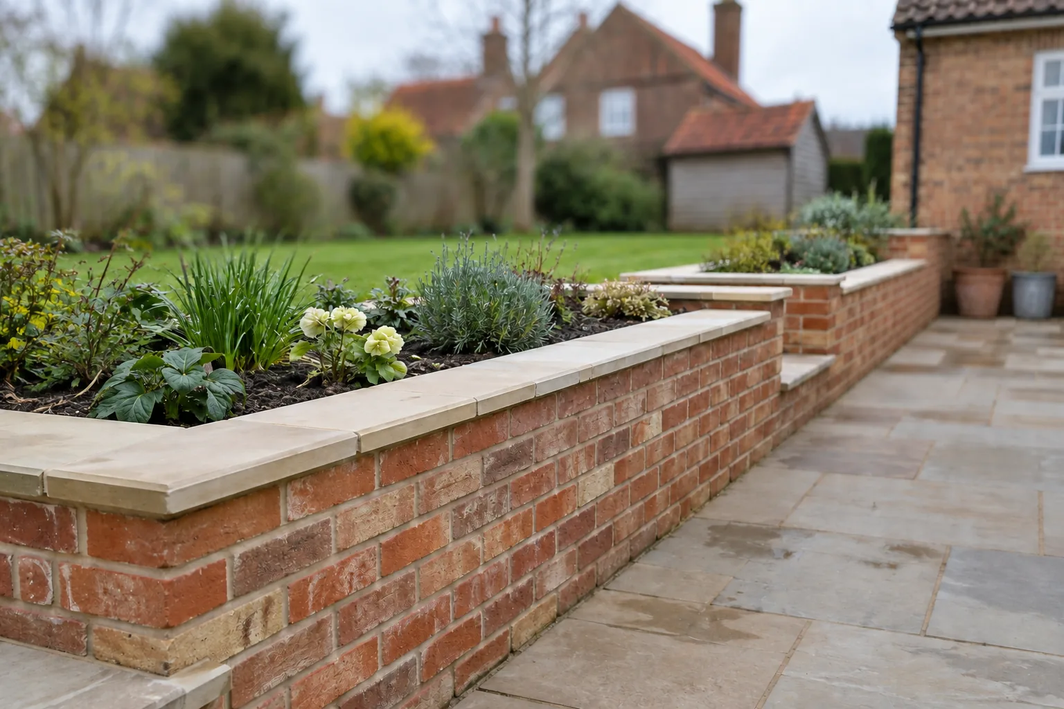A new brick garden wall and raised planting beds with coping stones.