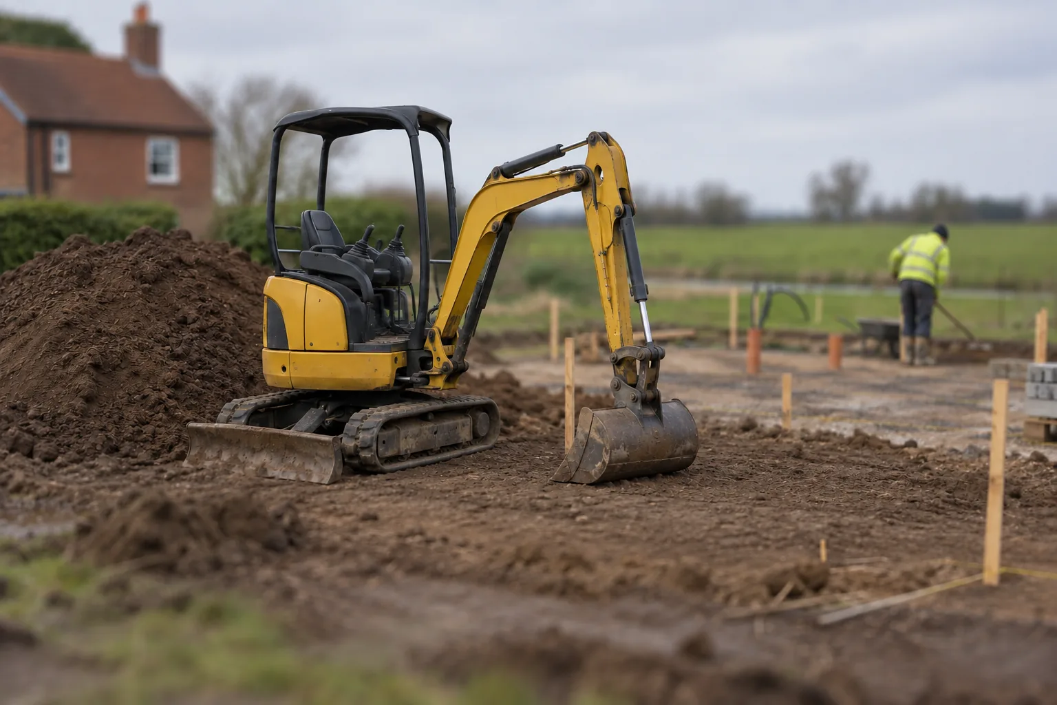 A mini digger beside excavated soil and level pegs at the edge of a Fenland field.