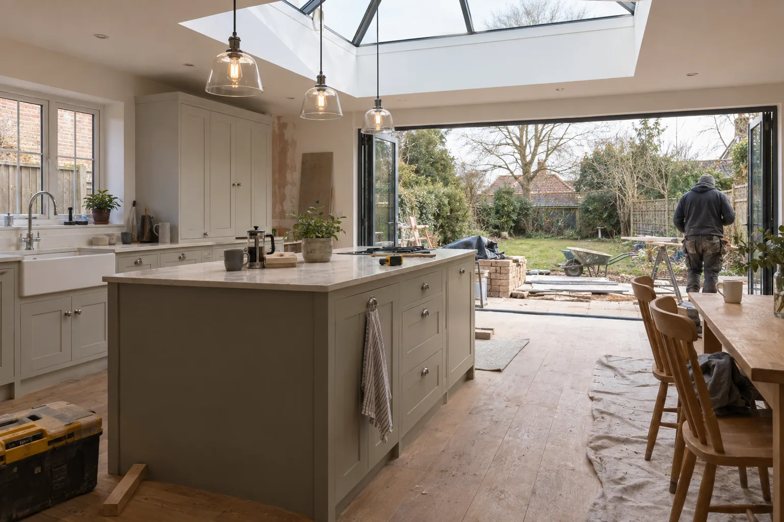 An open-plan kitchen extension with an island, oak flooring, a roof lantern and doors open to the garden.