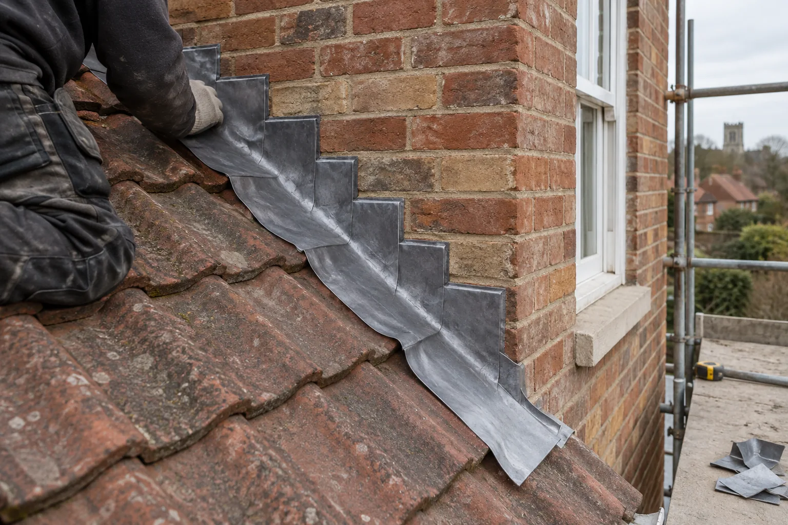 Stepped lead flashing sealing the junction between a tiled roof and a brick wall.
