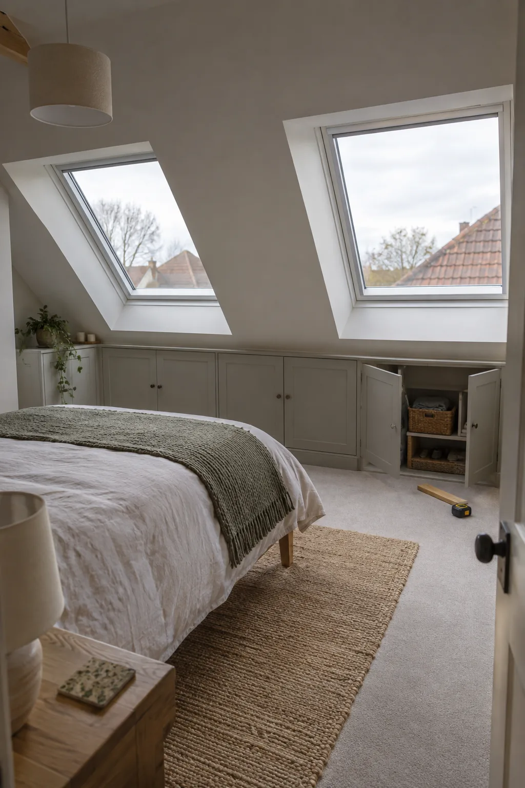A loft bedroom with a sloping ceiling, two roof windows and fitted eaves cupboards.