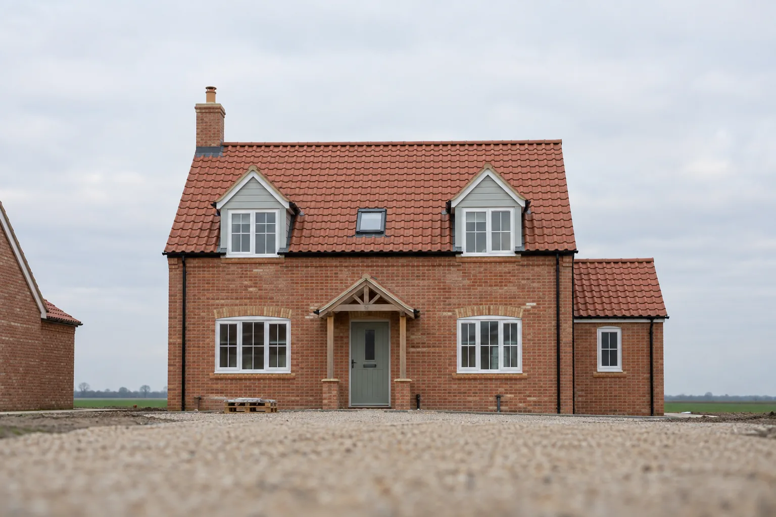 A detached brick house with a red pantile roof, dormer windows and a gravel frontage.
