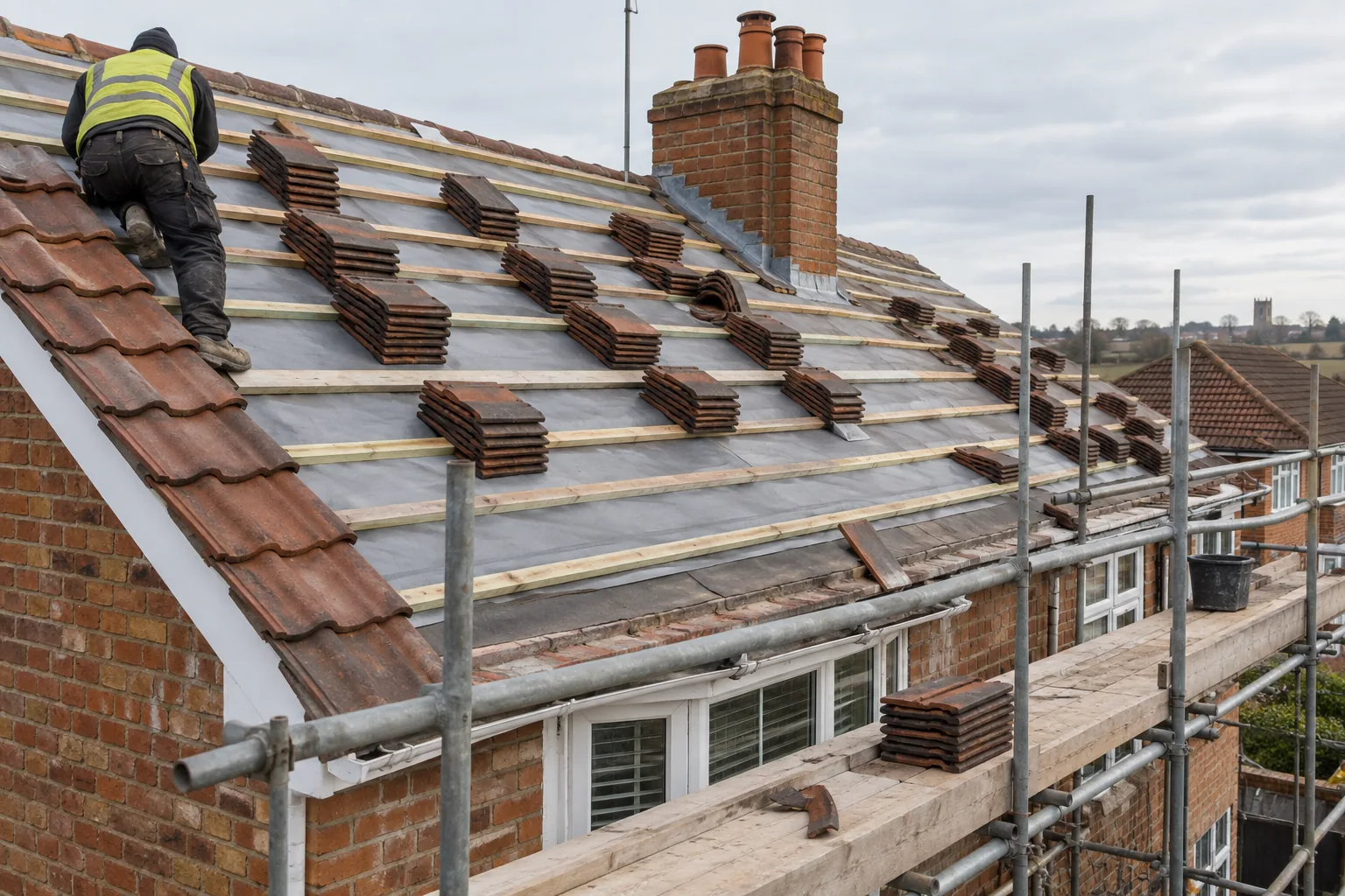A roof being retiled with breathable membrane, timber battens and stacks of tiles beside scaffolding.