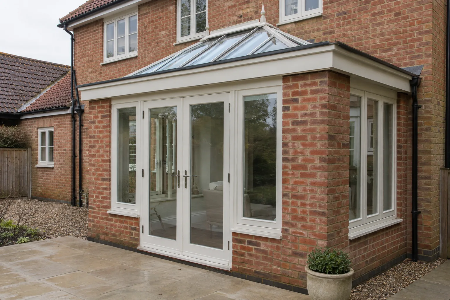 A brick orangery with French doors and a roof lantern overlooking a garden.