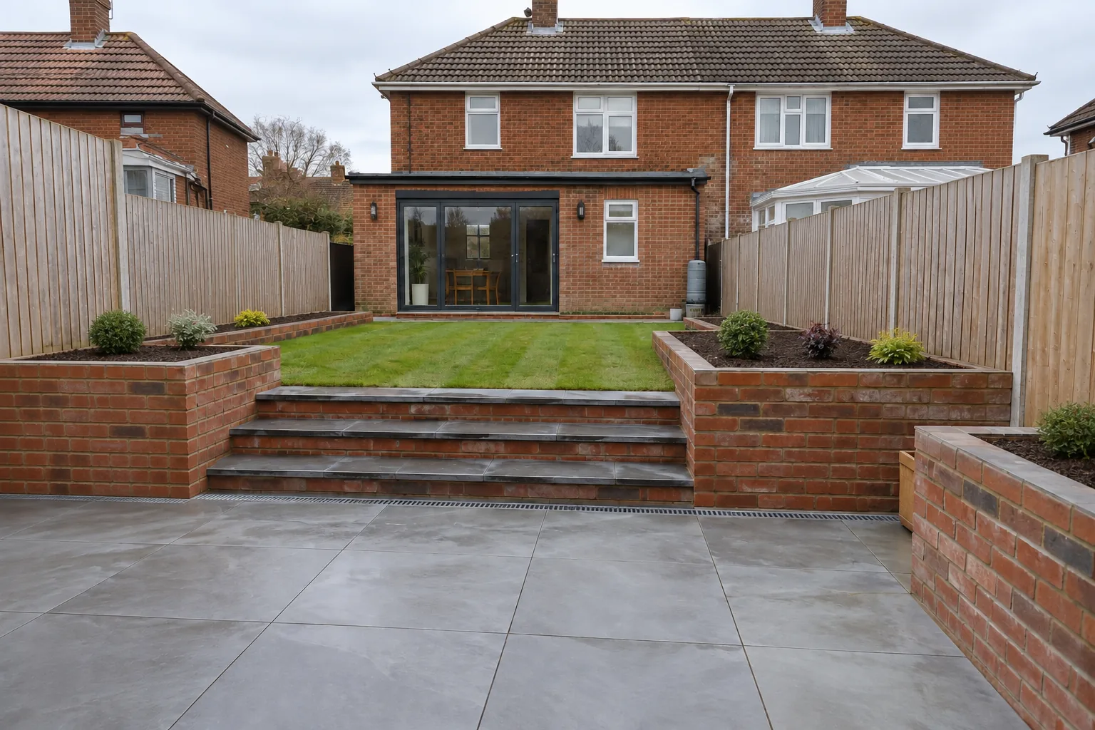 A grey porcelain patio with raised brick beds and a lawn behind a semi-detached house.