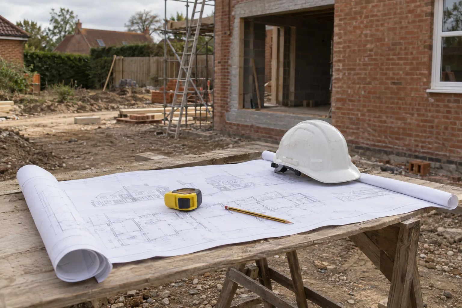 Architectural drawings, a tape measure, pencil and hard hat on a trestle table at a building site.
