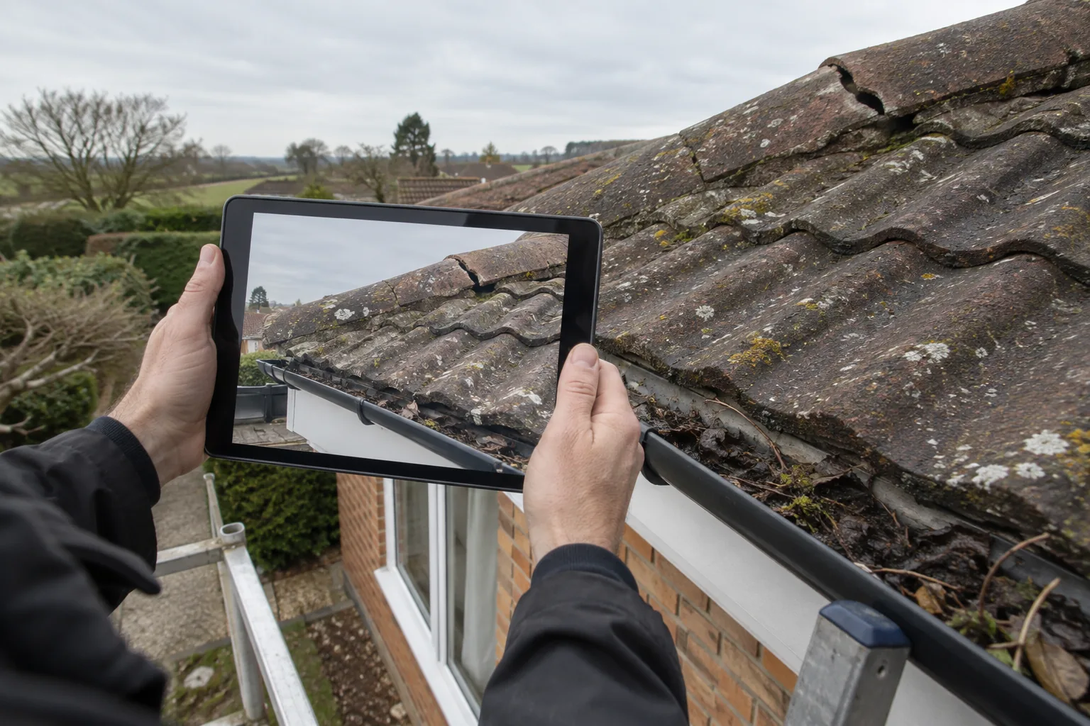 A person using a tablet from a ladder to inspect a blocked gutter and damaged roof tile.
