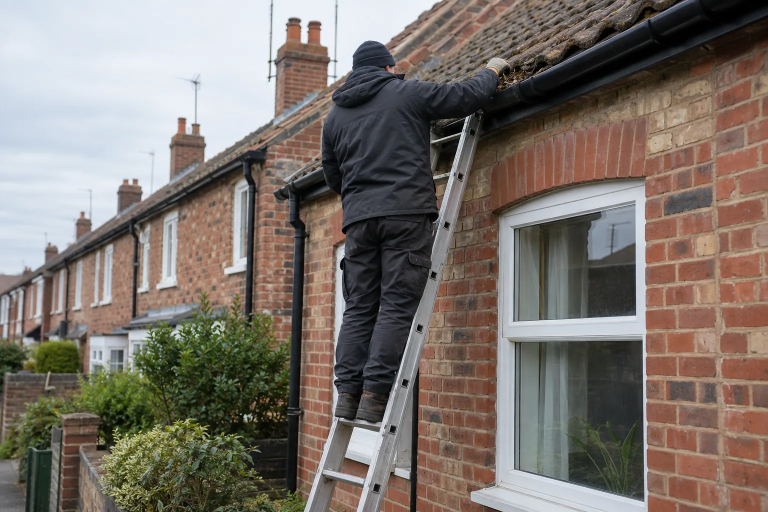 A worker viewed from behind on a ladder maintaining guttering on a brick terraced house.