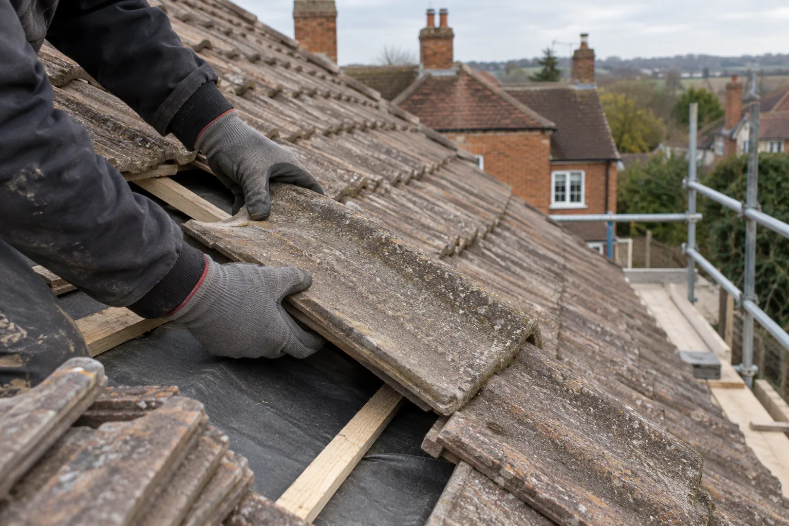 Gloved hands refitting a concrete roof tile above exposed battens and membrane.