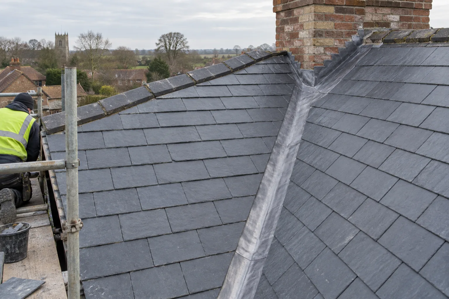 Natural slate roof courses meeting at a lead-lined valley.