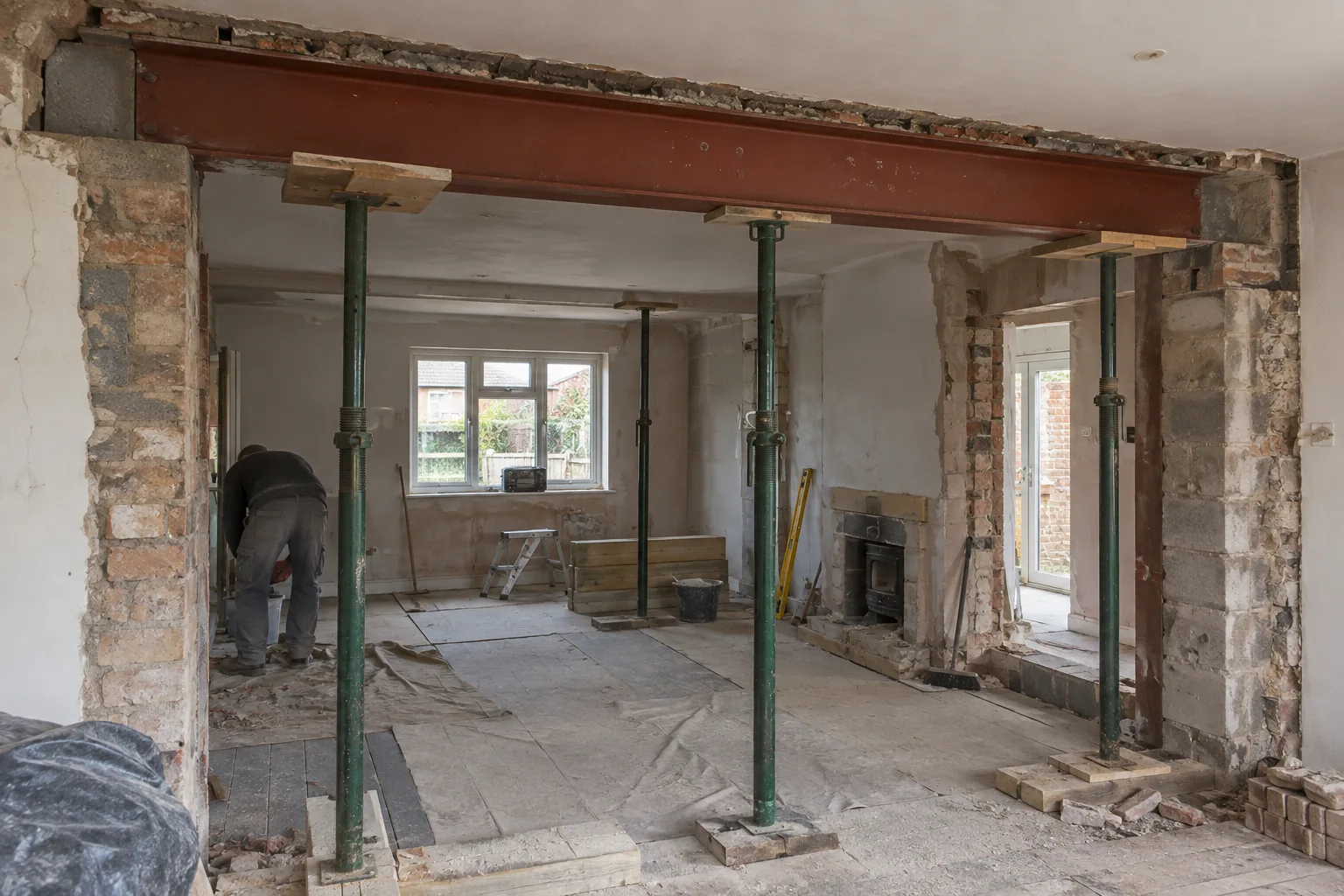 A steel beam spanning a wall opening during renovation, with temporary props and dust sheets.