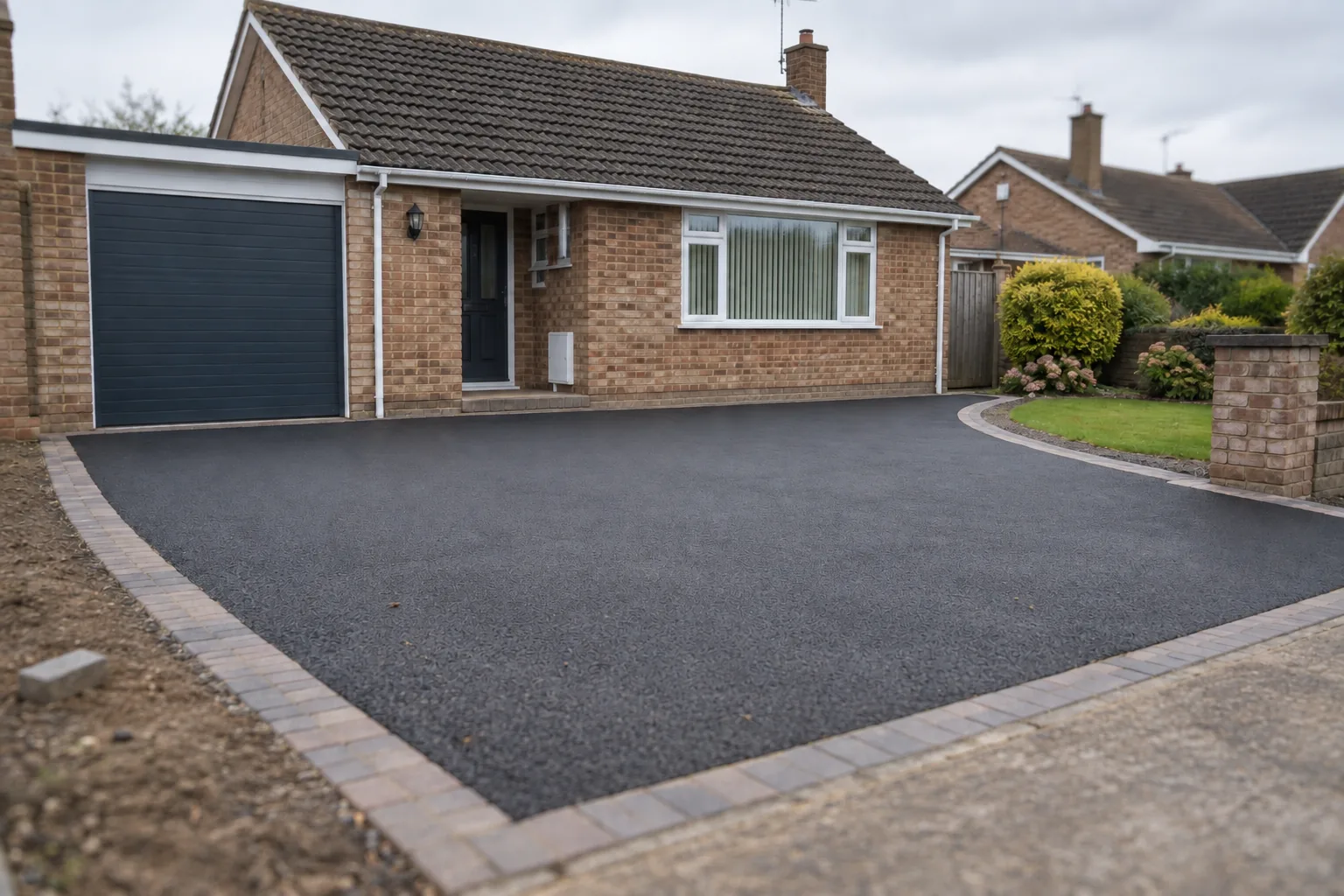 A fresh black tarmac driveway with block edging outside a brick bungalow.