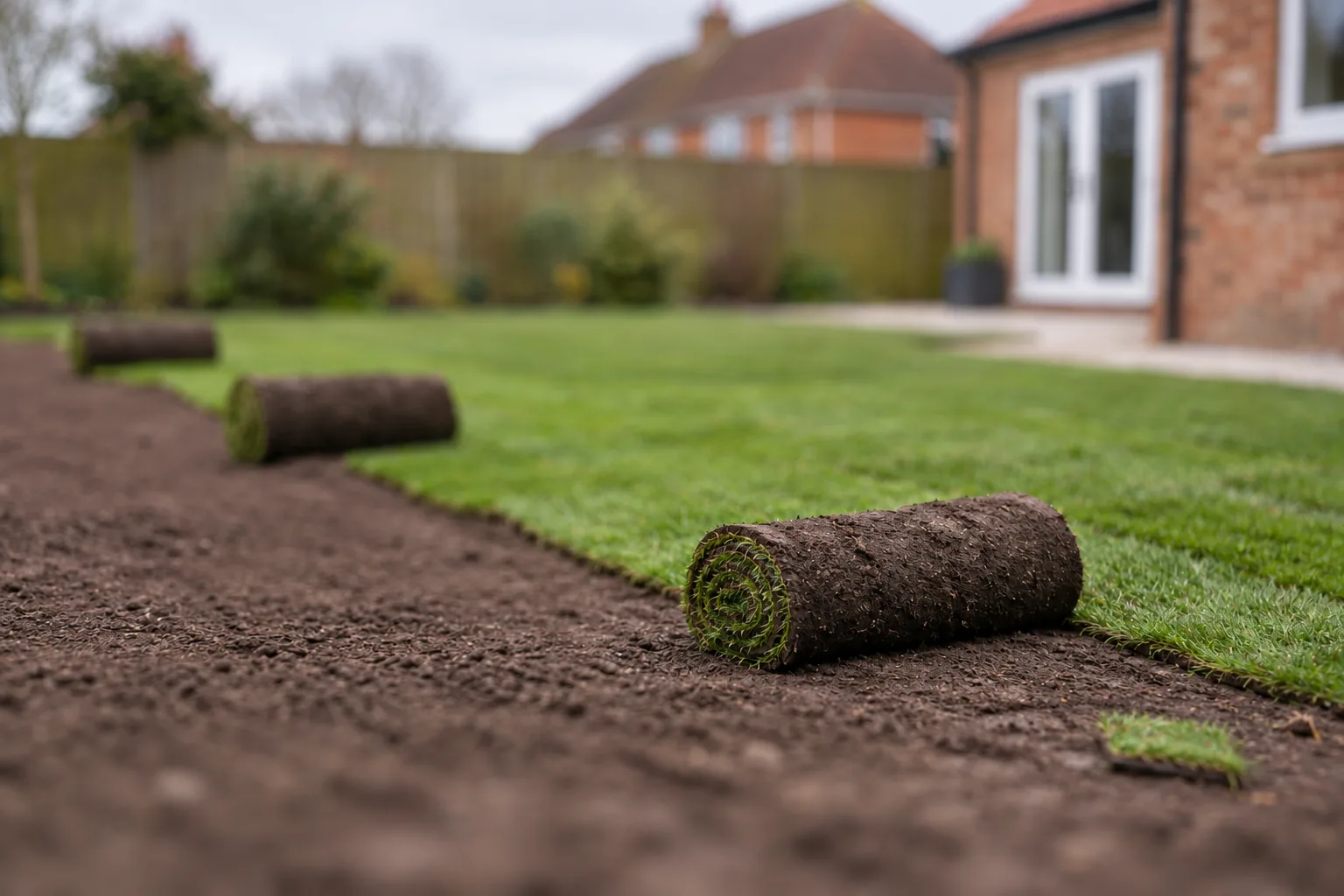 Fresh turf rolls being laid on prepared garden soil.